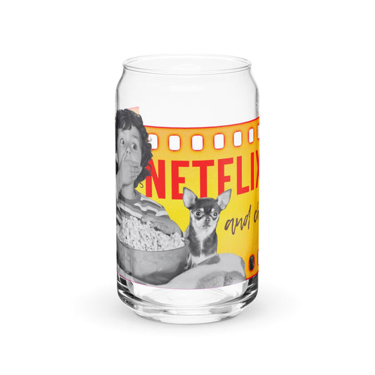 What's better than a Saturday night at home doing Netflix and Chill? Netflix and CHI! If your best Netflix and Chill sofa buddy is a little chihuahua, this adorable Netflix and Chi tumbler is for you. Or a brilliant gift for chihuahua parents. Unusual can-shaped glass tumbler featuring a boy and his chihuahua pal watching a scary movie together, with the words "Netflix and Chi". Generous volume of just under a pint, making it a versatile tumbler for sodas, cocktails, juice, water, beer...