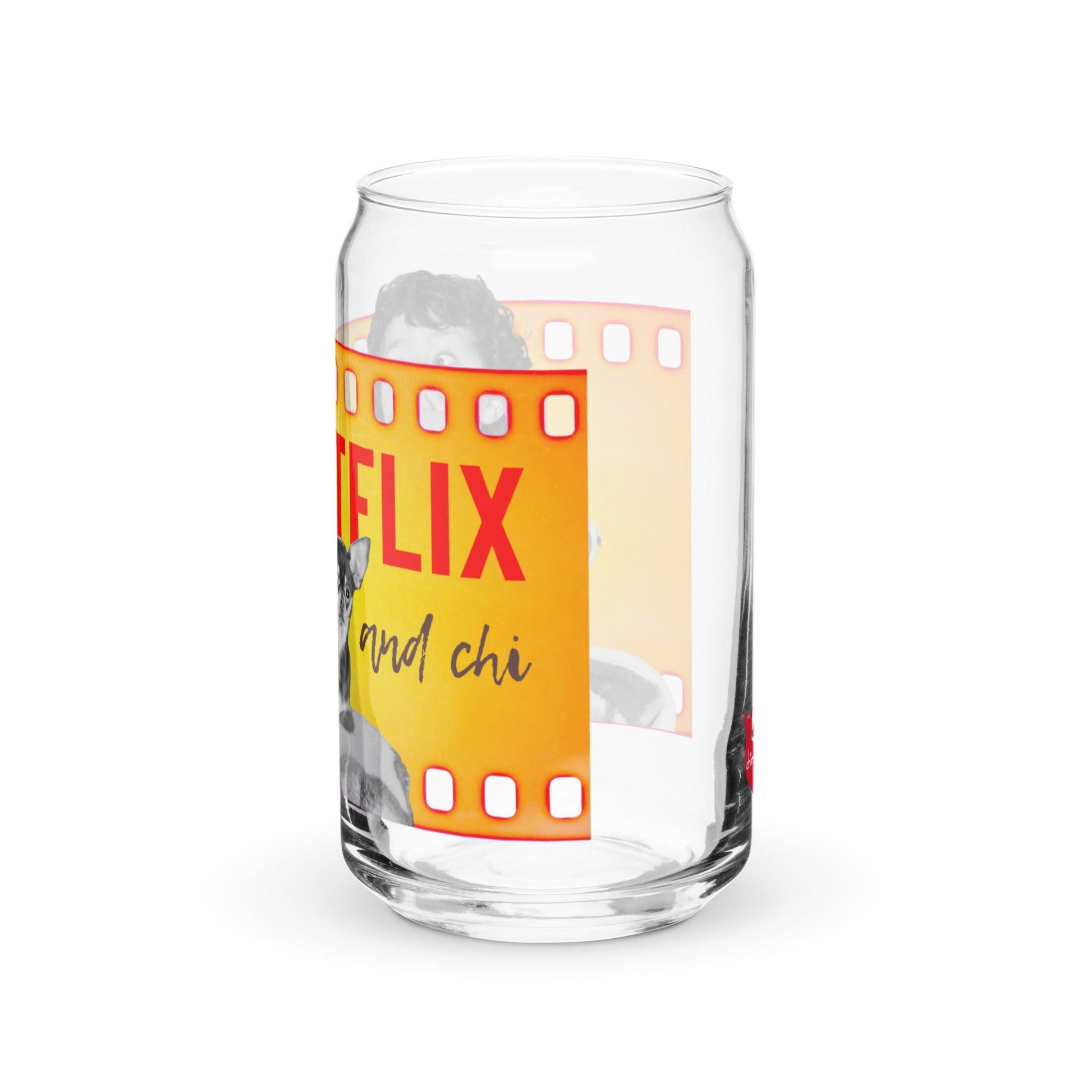 What's better than a Saturday night at home doing Netflix and Chill? Netflix and CHI! If your best Netflix and Chill sofa buddy is a little chihuahua, this adorable Netflix and Chi tumbler is for you. Or a brilliant gift for chihuahua parents. Unusual can-shaped glass tumbler featuring a boy and his chihuahua pal watching a scary movie together, with the words "Netflix and Chi". Generous volume of just under a pint, making it a versatile tumbler for sodas, cocktails, juice, water, beer...