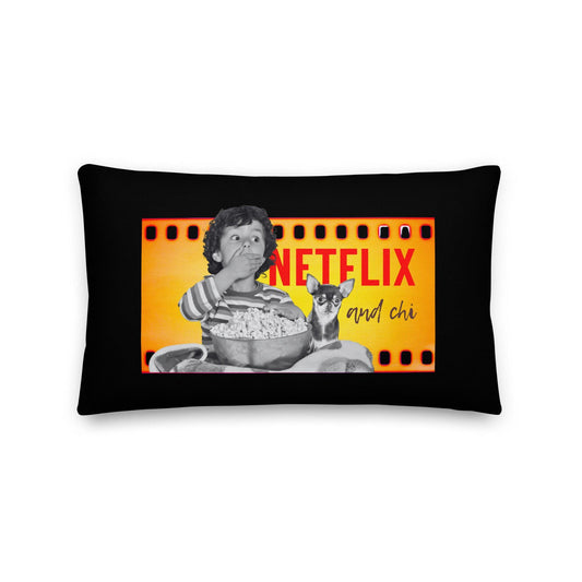 If your best Netflix and chill sofa buddy is a little chihuahua, then this adorable Netflix and Chi cushion is meant for you. Or a brilliant gift for friends and family who are chihuahua parents. The front of this black cushion features a boy and his chihuahua pal watching a movie together. The back is covered in scatterings of popcorn, chihuahuas, 3D glasses and TV remotes. Total fun! The rectangular pillow shape can be used for lumbar support. Design by Renate Kriegler for Chimigos.