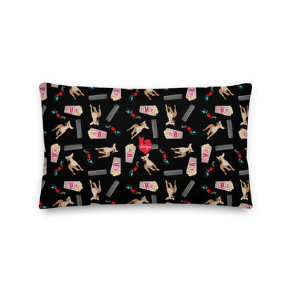 If your best Netflix and chill sofa buddy is a little chihuahua, then this adorable Netflix and Chi cushion is meant for you. Or a brilliant gift for friends and family who are chihuahua parents. The front of this black cushion features a boy and his chihuahua pal watching a movie together. The back is covered in scatterings of popcorn, chihuahuas, 3D glasses and TV remotes. Total fun! The rectangular pillow shape can be used for lumbar support. Design by Renate Kriegler for Chimigos.