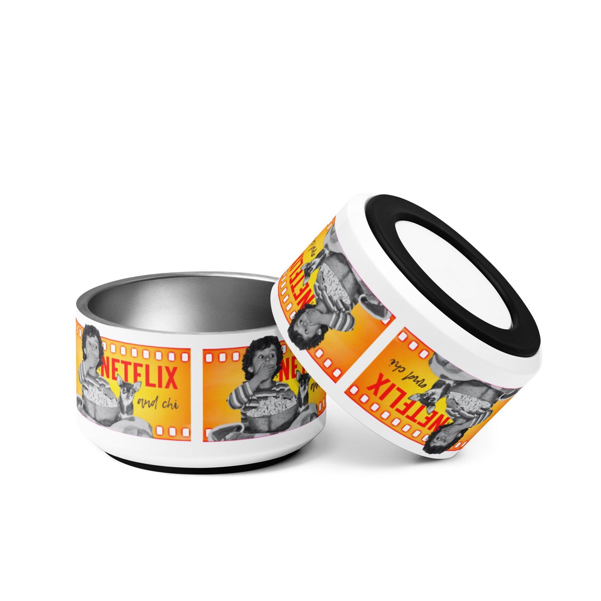 What's better than a Saturday night at home doing Netflix and Chill? Netflix and CHI! If your best Netflix and Chill sofa buddy is a little chihuahua, then they deserve this Netflix and Chi dog bowl. This quality chihuahua food or water bowl features a "film reel" with a boy and his chihuahua pal watching a scary movie together, and the words "Netflix and Chi" against a white background. The stainless steel construction makes for a durable and hygienic dog bowl, and it has a removable anti-slip rubber base.