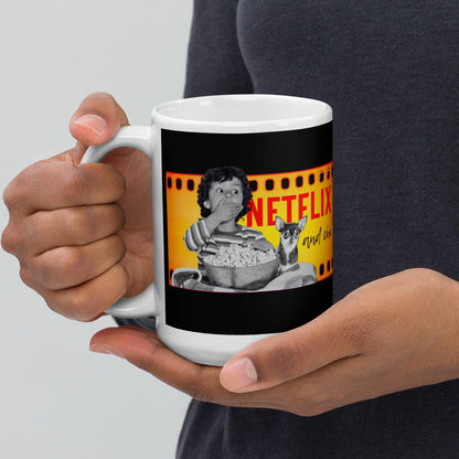 If your best Netflix and Chill sofa buddy is a little chihuahua, then this adorable Netflix and Chi mug is meant for you. Or a brilliant gift for friends and family who are chihuahua parents. This classic mug featuring a boy and his chihuahua pal watching a scary movie together, with the words "Netflix and Chi", comes in three sizes. Choose the size you like best, or invest in a selection for the benefit of your movie night guests. Design by Renate Kriegler for Chimigos.