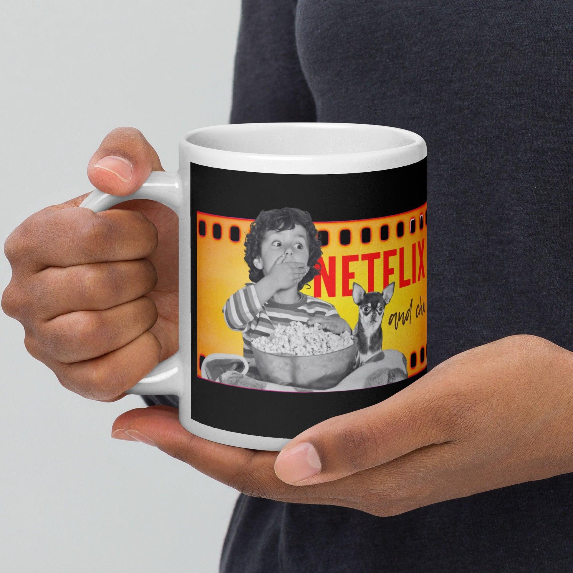 If your best Netflix and Chill sofa buddy is a little chihuahua, then this adorable Netflix and Chi mug is meant for you. Or a brilliant gift for friends and family who are chihuahua parents. This classic mug featuring a boy and his chihuahua pal watching a scary movie together, with the words "Netflix and Chi", comes in three sizes. Choose the size you like best, or invest in a selection for the benefit of your movie night guests. Design by Renate Kriegler for Chimigos.