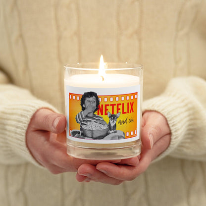 What's better than a Saturday night at home doing Netflix and Chill? Netflix and CHI! If your best Netflix and chill sofa buddy is a little chihuahua, then this adorable Netflix and Chi candle is meant for you. Or a brilliant gift for friends and family who are chihuahua parents. This is an unscented non-toxic soy candle with a cotton wick in a glass jar featuring a boy and his chihuahua pal watching a movie together. Perfect for a romantic glow on movie nights in. Design by Renate Kriegler for Chimigos.