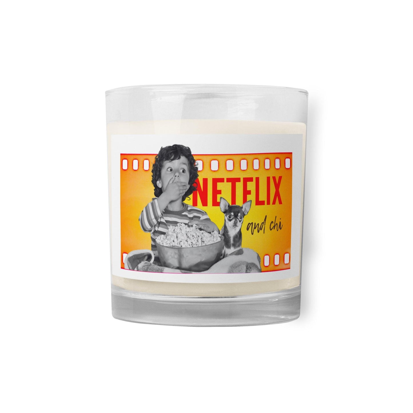 What's better than a Saturday night at home doing Netflix and Chill? Netflix and CHI! If your best Netflix and chill sofa buddy is a little chihuahua, then this adorable Netflix and Chi candle is meant for you. Or a brilliant gift for friends and family who are chihuahua parents. This is an unscented non-toxic soy candle with a cotton wick in a glass jar featuring a boy and his chihuahua pal watching a movie together. Perfect for a romantic glow on movie nights in. Design by Renate Kriegler for Chimigos.