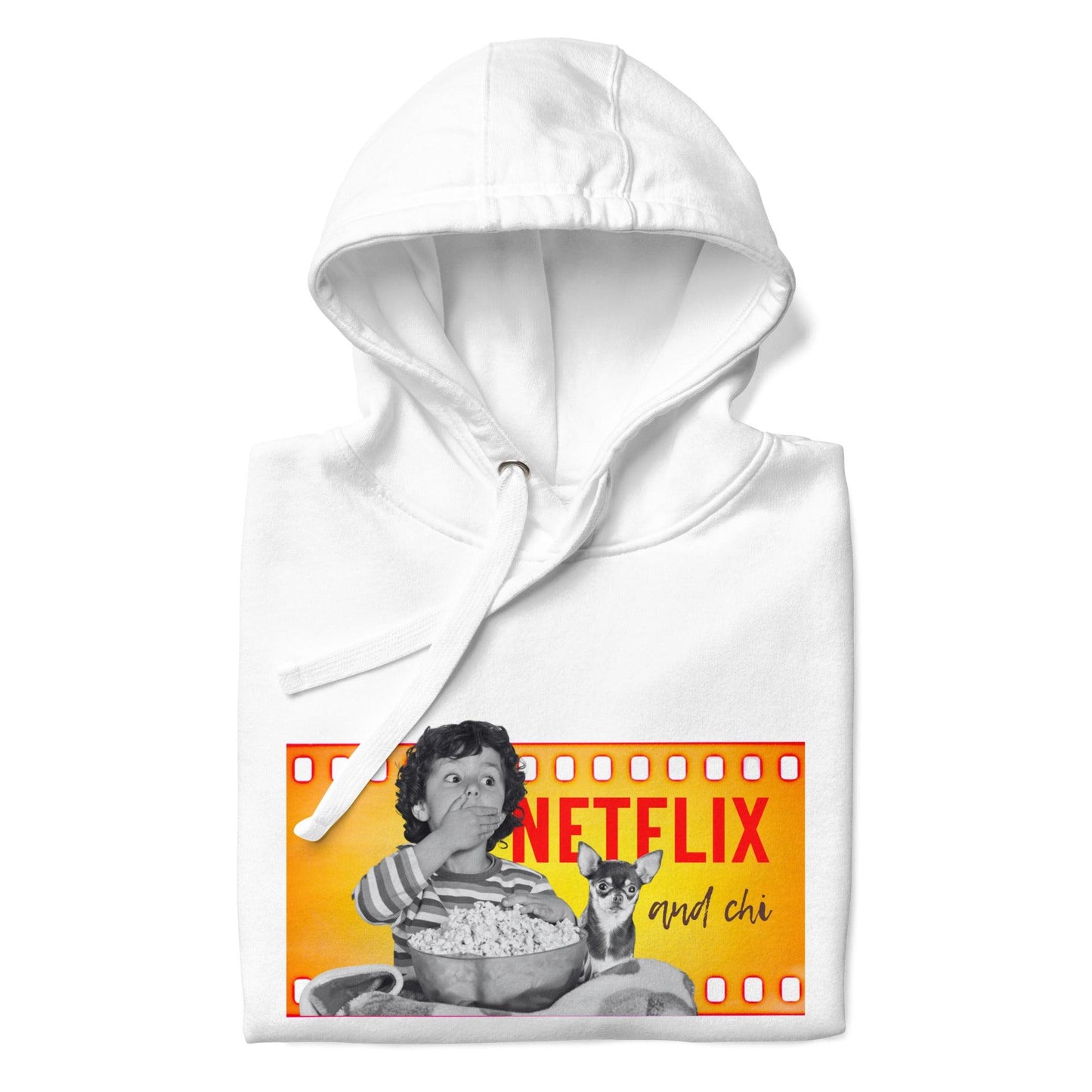 What's better than a Saturday night at home doing Netflix and Chill? Netflix and CHI! If your best Netflix and Chill sofa buddy is a little chihuahua, then this Netflix and Chi hoodie is for you. Or a brilliant gift for someone who loves chihuahuas. This cosy hoodie features a boy and his chihuahua watching a scary movie together, and the words "Netflix and Chi". White, grey or black. Unisex sizes S to 3XL for men, women and teens. Design by Renate Kriegler for Chimigos.