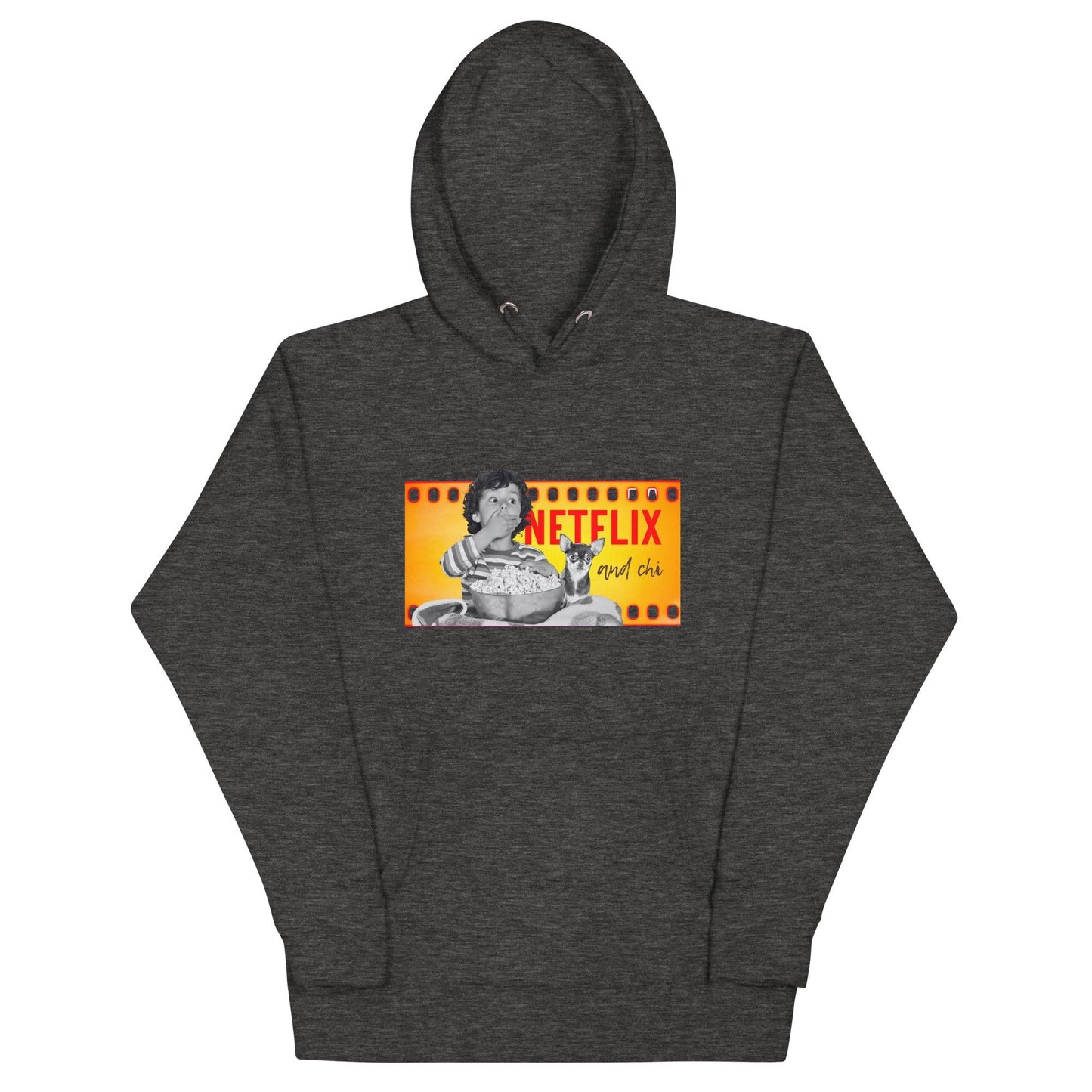 What's better than a Saturday night at home doing Netflix and Chill? Netflix and CHI! If your best Netflix and Chill sofa buddy is a little chihuahua, then this Netflix and Chi hoodie is for you. Or a brilliant gift for someone who loves chihuahuas. This cosy hoodie features a boy and his chihuahua watching a scary movie together, and the words "Netflix and Chi". White, grey or black. Unisex sizes S to 3XL for men, women and teens. Design by Renate Kriegler for Chimigos.