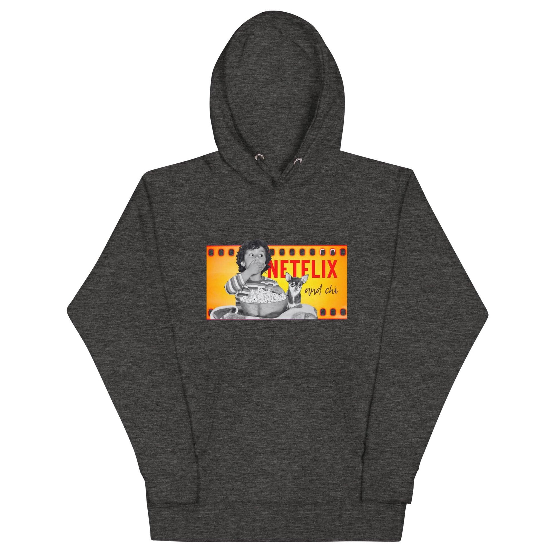 What's better than a Saturday night at home doing Netflix and Chill? Netflix and CHI! If your best Netflix and Chill sofa buddy is a little chihuahua, then this Netflix and Chi hoodie is for you. Or a brilliant gift for someone who loves chihuahuas. This cosy hoodie features a boy and his chihuahua watching a scary movie together, and the words "Netflix and Chi". White, grey or black. Unisex sizes S to 3XL for men, women and teens. Design by Renate Kriegler for Chimigos.