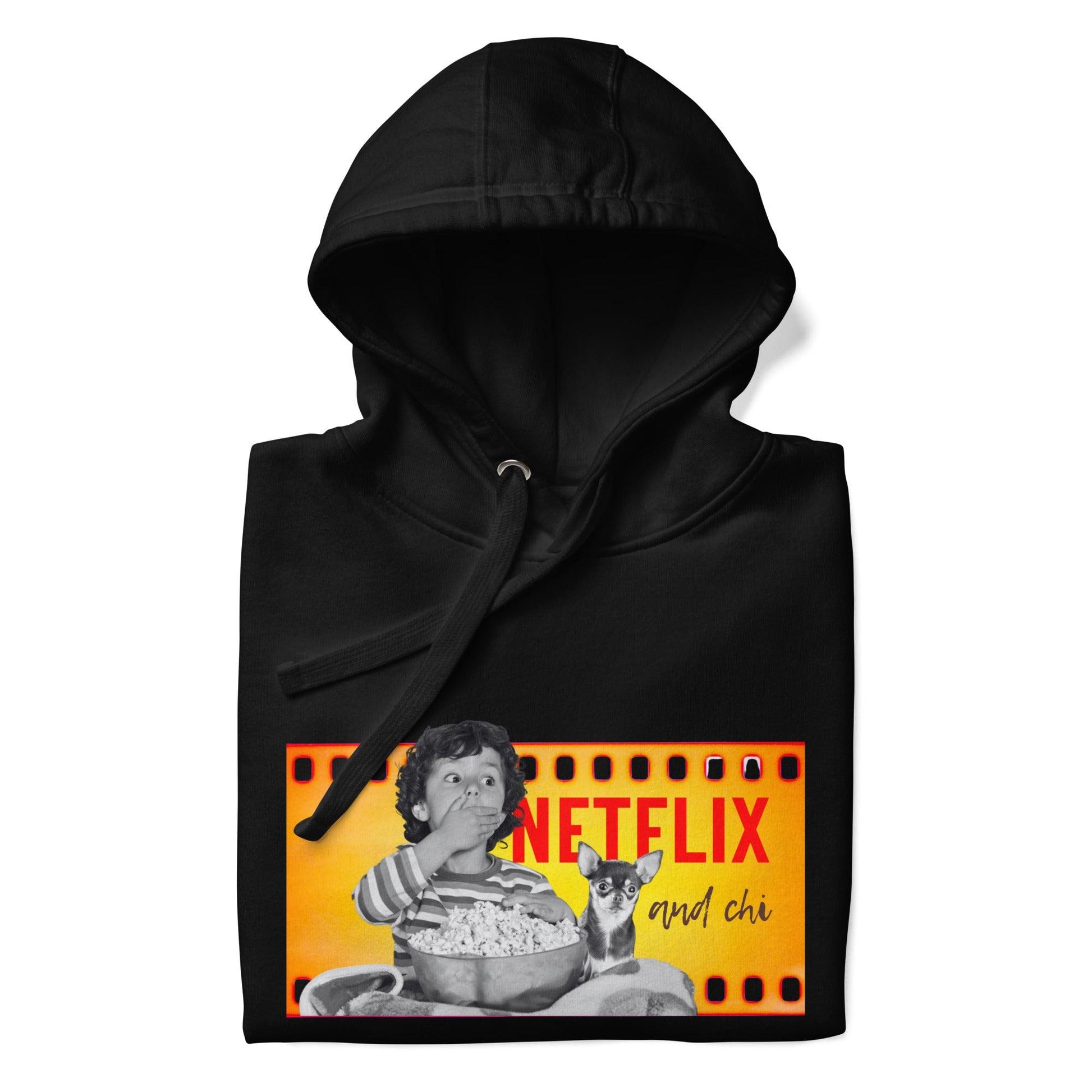 What's better than a Saturday night at home doing Netflix and Chill? Netflix and CHI! If your best Netflix and Chill sofa buddy is a little chihuahua, then this Netflix and Chi hoodie is for you. Or a brilliant gift for someone who loves chihuahuas. This cosy hoodie features a boy and his chihuahua watching a scary movie together, and the words "Netflix and Chi". White, grey or black. Unisex sizes S to 3XL for men, women and teens. Design by Renate Kriegler for Chimigos.