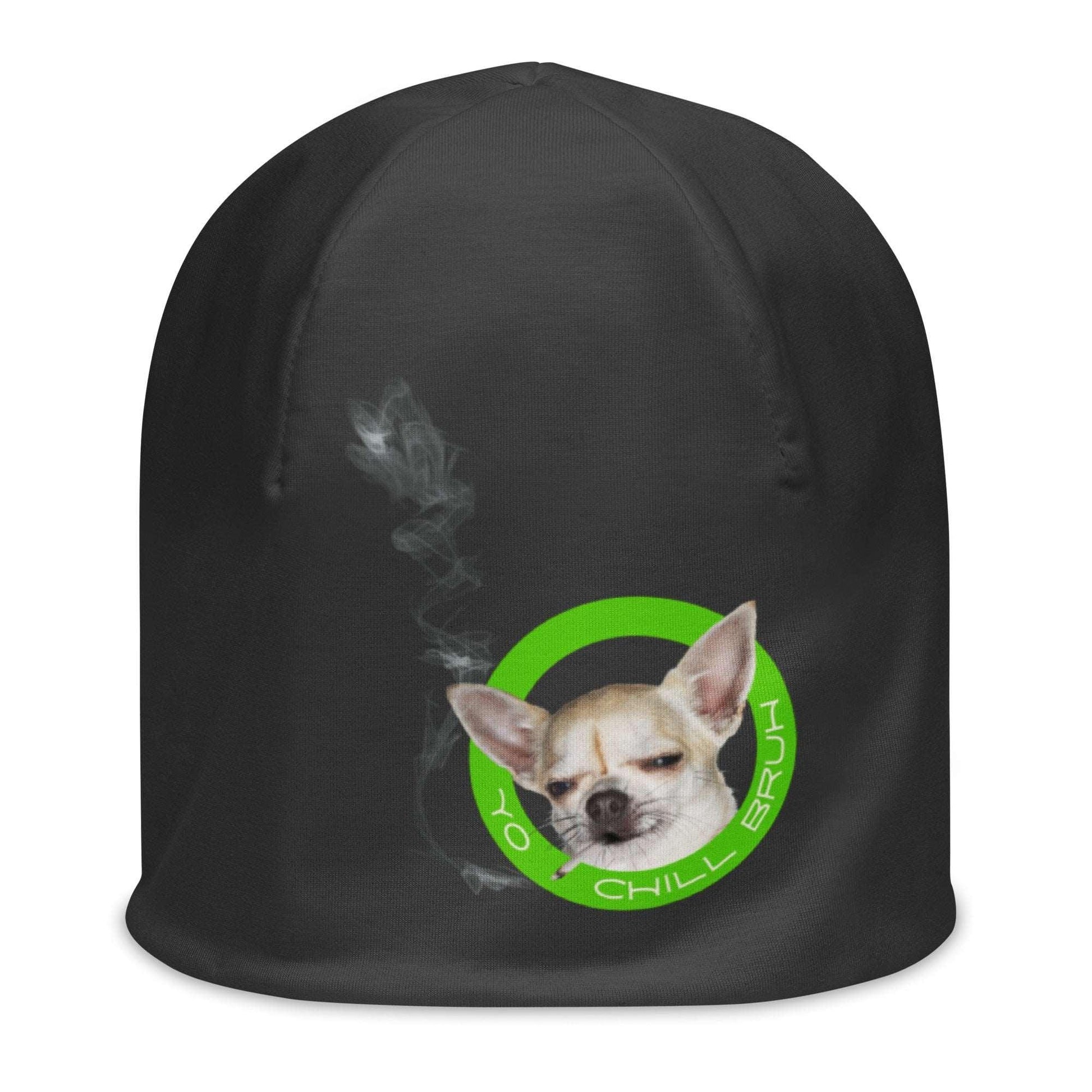 This double-layered, soft and comfy dark grey beanie features an artist's collage of a very chilled chi almost falling asleep with a smoking hand-rolled cigarette in his mouth, and the simple message: Yo chill bruh. A la Jessie in Breaking Bad. It's the coolest chihuahua meme you will find anywhere!
